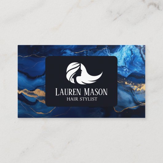 ブルー金ゴールドブラックマーブル美容師ヘアサロン 名刺 (裏面)