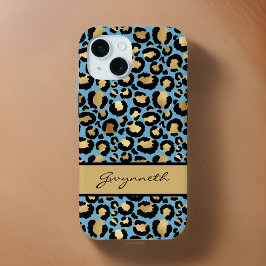 ブルー金ゴールドブラックレオパード印刷 iPhone 15ケース