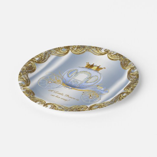 ブルー金ゴールドプリンス王室のキャリッジプリンス赤ちゃんシャワー ペーパープレート (アングル)