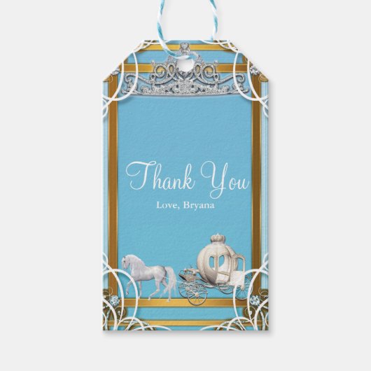 ブルー金ゴールドプリンセスクラウン&キャリッジスウィート16パーティー ギフトタグ (正面)