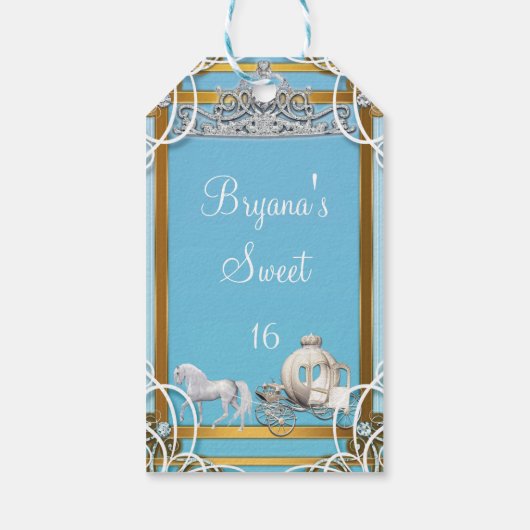 ブルー金ゴールドプリンセスクラウン&キャリッジスウィート16パーティー ギフトタグ (裏面)