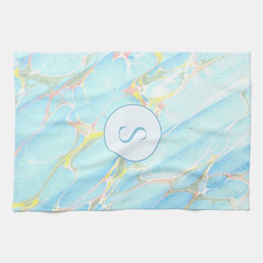 ブルー金ゴールドプリント大理石パターンカスタムモノグラム キッチンタオル (横)