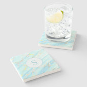 ブルー金ゴールドプリント大理石パターンカスタムモノグラム ストーンコースター (横)