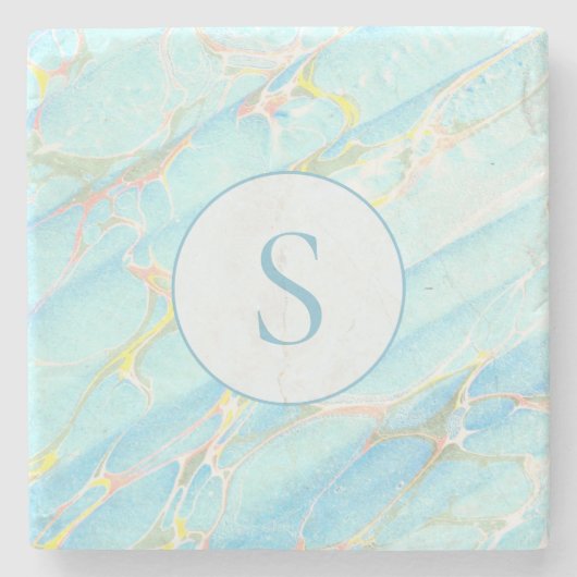 ブルー金ゴールドプリント大理石パターンカスタムモノグラム ストーンコースター (正面)