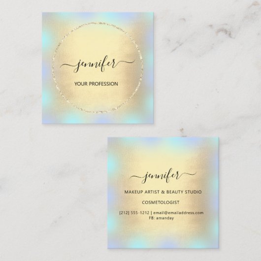 ブルー金ゴールドプロフェッショナルメイクアップグリッター スクエア名刺 (正面/裏面)