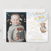 ブルー金ゴールドベアーホットエアバルーンボーイ1st誕生日 招待状 (正面)