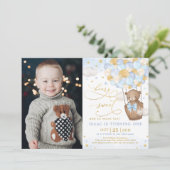 ブルー金ゴールドベアーホットエアバルーンボーイ1st誕生日 招待状 (スタンド正面)