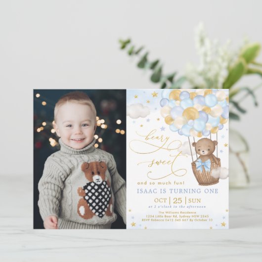 ブルー金ゴールドベアーホットエアバルーンボーイ1st誕生日 招待状 (スタンド正面)