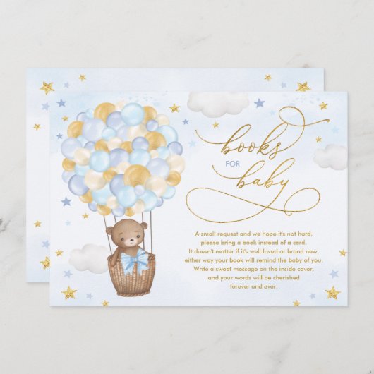 ブルー金ゴールドベア熱気球男の赤ちゃん本 エンクロージャーカード (正面/裏面)