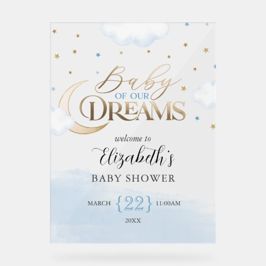 ブルー金ゴールドベビーの夢の赤ちゃんシャワーへようこそ アクリルサイン (正面)