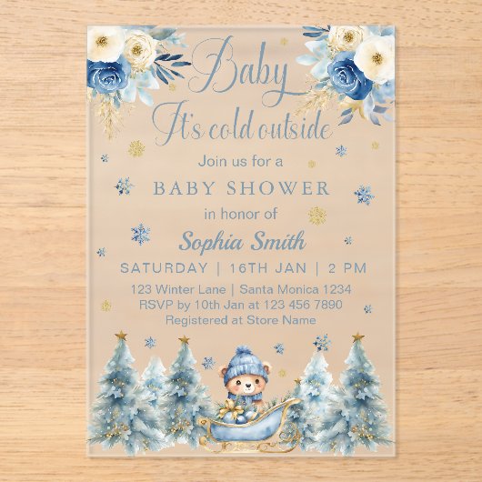 ブルー金ゴールドベビーベビーシャワー外は寒い アクリル招待状 (正面)