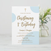 ブルー金ゴールドベビー《キリスト教》洗礼式や命名式と第1誕生日ジョイント 招待状 (スタンド正面)