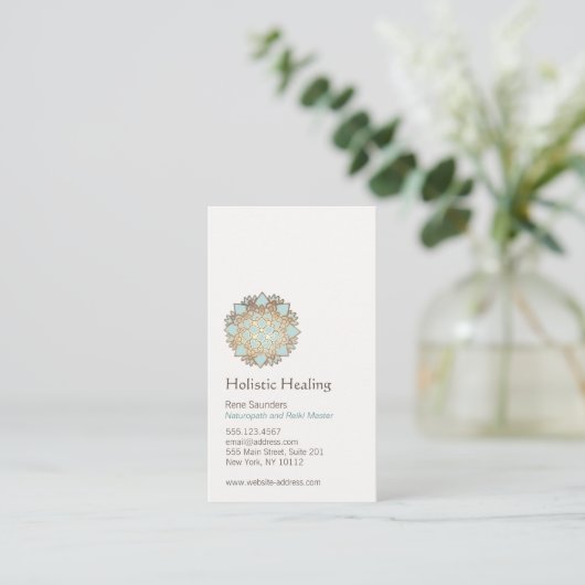 ブルー金ゴールドホリスティックロータスと自然健康 名刺 (スタンド正面)