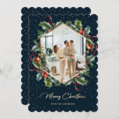 ブルー金ゴールドホリーリース写真メリークリスマスカード シーズンカード (正面/裏面)