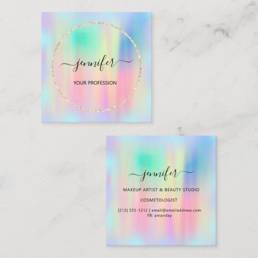 ブルー金ゴールドホログラフプロフェッショナルメイクアップブティック スクエア名刺 (正面/裏面)