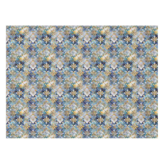 ブルー金ゴールドホワイトクリスマススノーフレーク テーブルクロス (正面(横))