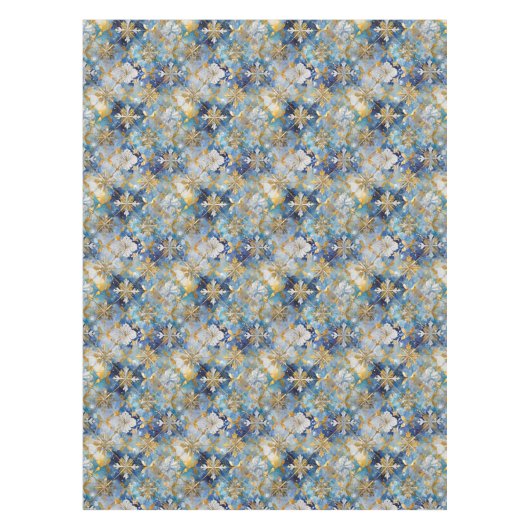 ブルー金ゴールドホワイトクリスマススノーフレーク テーブルクロス (正面)