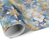 ブルー金ゴールドホワイトクリスマススノーフレーク ラッピングペーパー (ロールコーナー)
