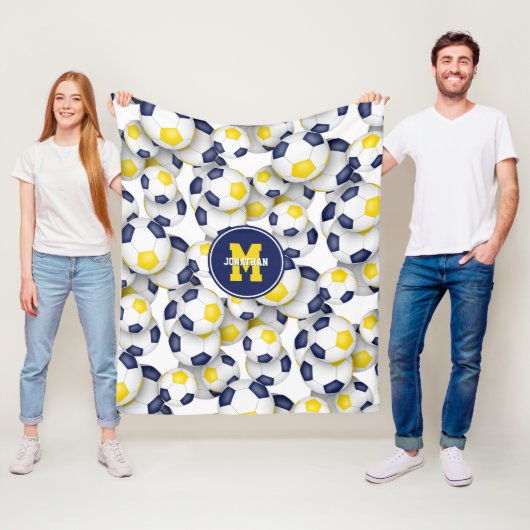 ブルー金ゴールドホワイトサッカーボール男の子の女の子スポーティ フリースブランケット (インサイチュ)