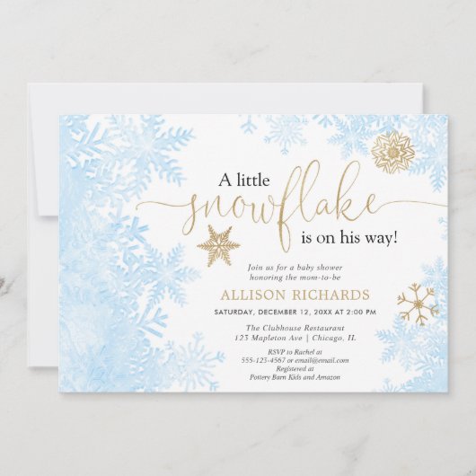 ブルー金ゴールドホワイトスノーフレーク冬の男の子の赤ちゃんシャワー 招待状 (正面)