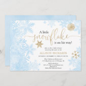 ブルー金ゴールドホワイトスノーフレーク冬の男の子の赤ちゃんシャワー 招待状 (正面/裏面)