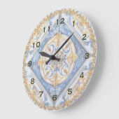 ブルー金ゴールドホワイトタラベラAzulejoルックウォールクロック ラージ壁時計 (傾斜)