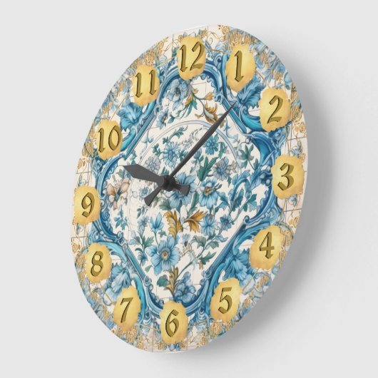 ブルー金ゴールドホワイトタラベラAzulejoルックウォールクロック ラージ壁時計 (傾斜)
