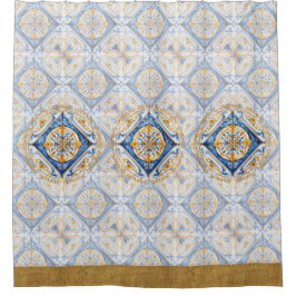 ブルー金ゴールドホワイトビエトリタラベラアズレジョルックタイル シャワーカーテン