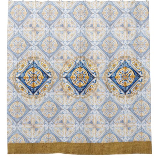 ブルー金ゴールドホワイトビエトリタラベラアズレジョルックタイル シャワーカーテン (正面)