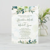 ブルー金ゴールドホワイトフローラグリーンリー結婚クリスチャン 招待状 (スタンド正面)