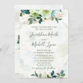 ブルー金ゴールドホワイトフローラグリーンリー結婚クリスチャン 招待状 (正面/裏面)