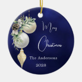 ブルー金ゴールドホワイトボードクリスマス セラミックオーナメント (正面)