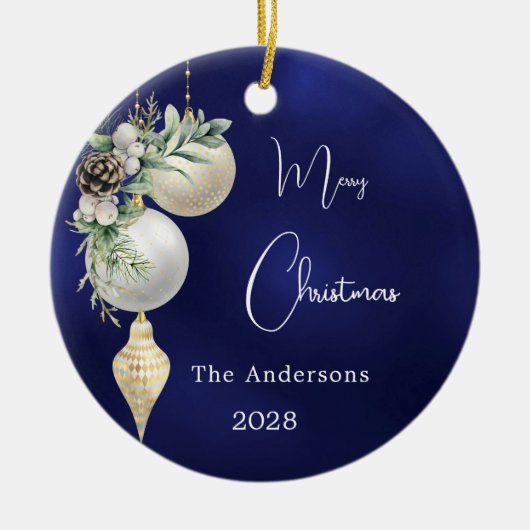 ブルー金ゴールドホワイトボードクリスマス セラミックオーナメント (正面)