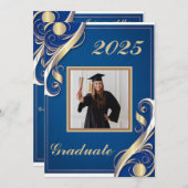 ブルー金ゴールドホワイト卒業2025 招待状 (正面/裏面)