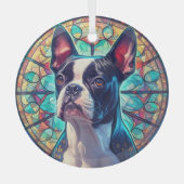 ブルー金ゴールドボストンテリア犬ステンド ガラスオーナメント (正面)