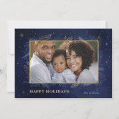 ブルー金ゴールドボタニカルスパークルフォトホリデーカード シーズンカード (正面)