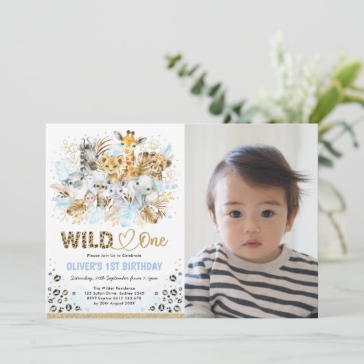 ブルー金ゴールドボホサファリワイルドワンフォト誕生日 招待状 (スタンド正面)