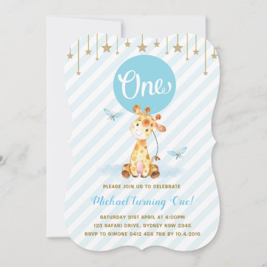ブルー金ゴールドボーイキリン第1誕生日トゥインクルスター 招待状 (正面)