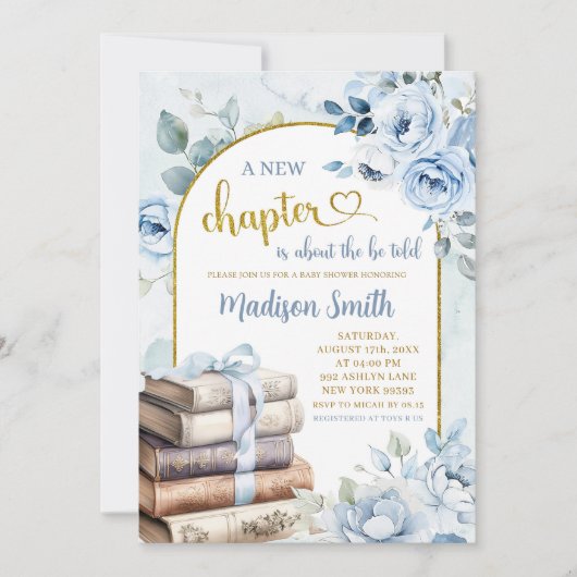 ブルー金ゴールドボーイストーリーブックテーマベビーシャワー 招待状 (正面)
