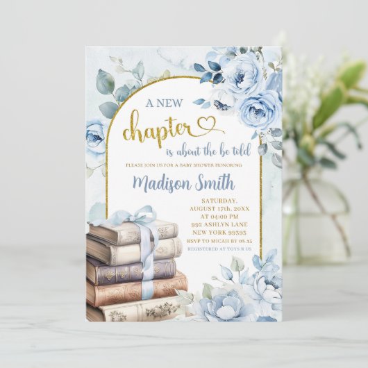 ブルー金ゴールドボーイストーリーブックテーマベビーシャワー 招待状 (スタンド正面)