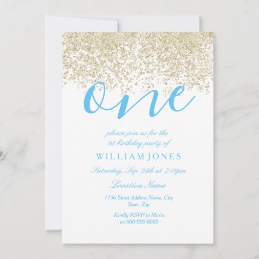 ブルー金ゴールドボーイズ1st誕生日パーティー招待状 招待状 (正面)