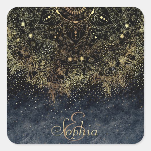 ブルー金ゴールドマンダラフローラ スクエアシール (正面)