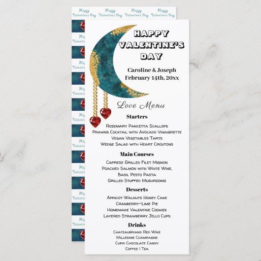 ブルー金ゴールドムーン赤いハート宝石バレンタインデー メニュー (正面/裏面)