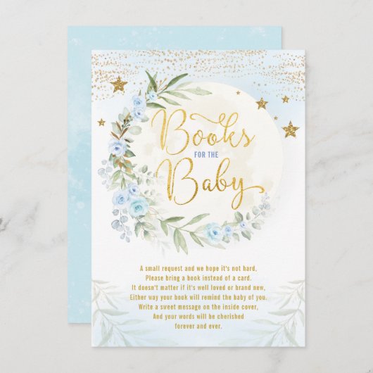 ブルー金ゴールドムーン&スターズグリーンリーブックスベビー エンクロージャーカード (正面/裏面)