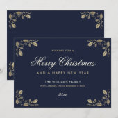 ブルー金ゴールドメリークリスマスハッピーニューイヤーカード シーズンカード (正面/裏面)