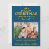 ブルー金ゴールドメリークリスマスハッピーニューイヤー写真 シーズンカード (正面)