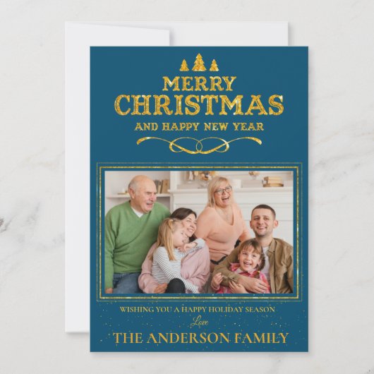 ブルー金ゴールドメリークリスマスハッピーニューイヤー写真 シーズンカード (正面)