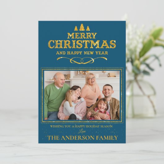 ブルー金ゴールドメリークリスマスハッピーニューイヤー写真 シーズンカード (スタンド正面)