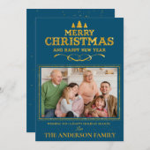 ブルー金ゴールドメリークリスマスハッピーニューイヤー写真 シーズンカード (正面/裏面)