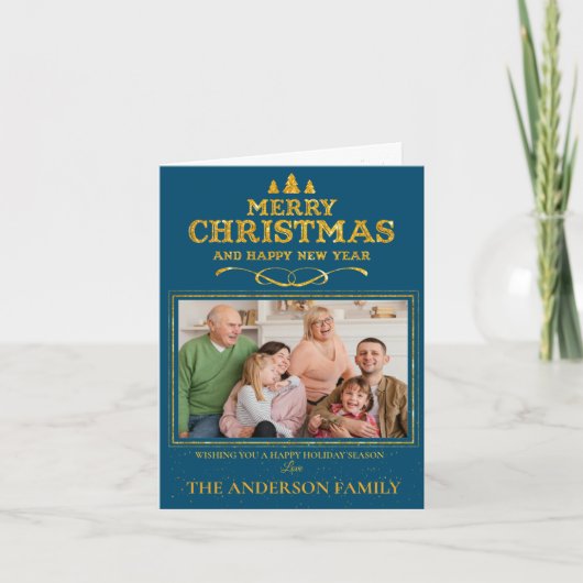 ブルー金ゴールドメリークリスマスハッピーニューイヤー写真 シーズンカード (正面)